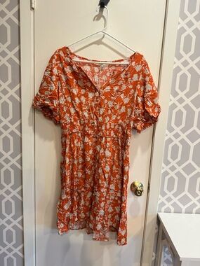 Umgee Orange Floral Mini Dress w/Puffed Sleeves and Smocked Waist Floral Print